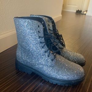 Shein Sequin Lace Up Combat Boots, Size 7.5, Silver